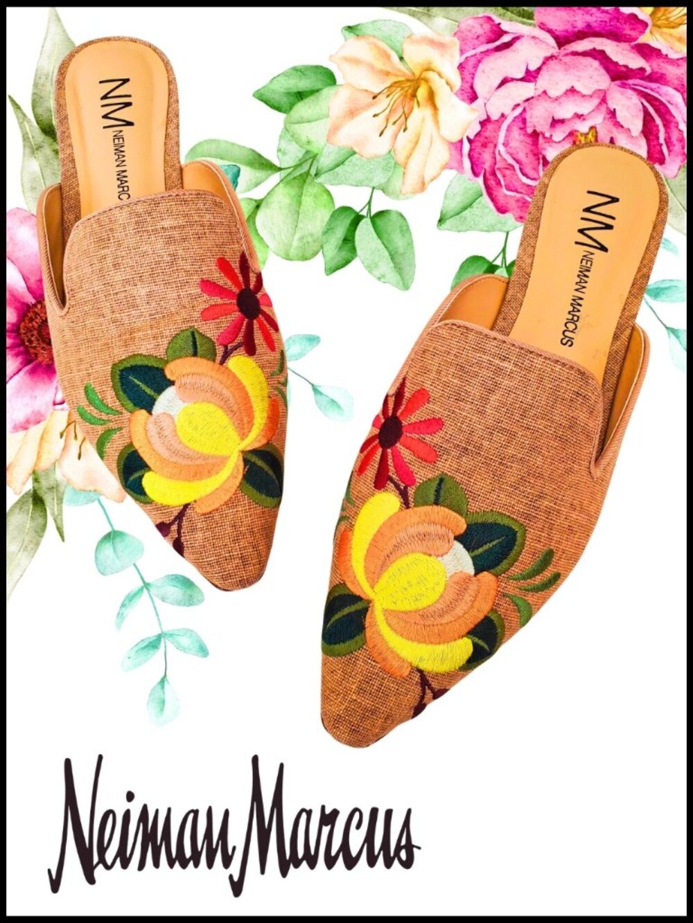 EUC Neiman Marcus Embroidered Canvas Slip-On Mules